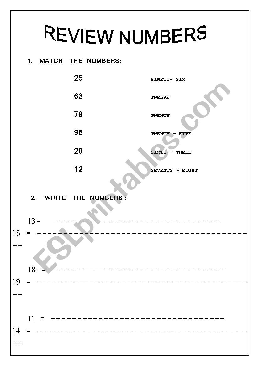 NUMBERS worksheet