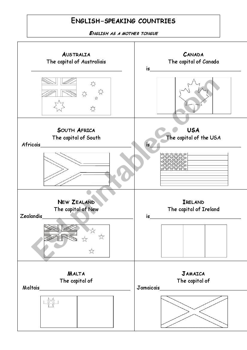 English Speaking countries (flags and capital city)