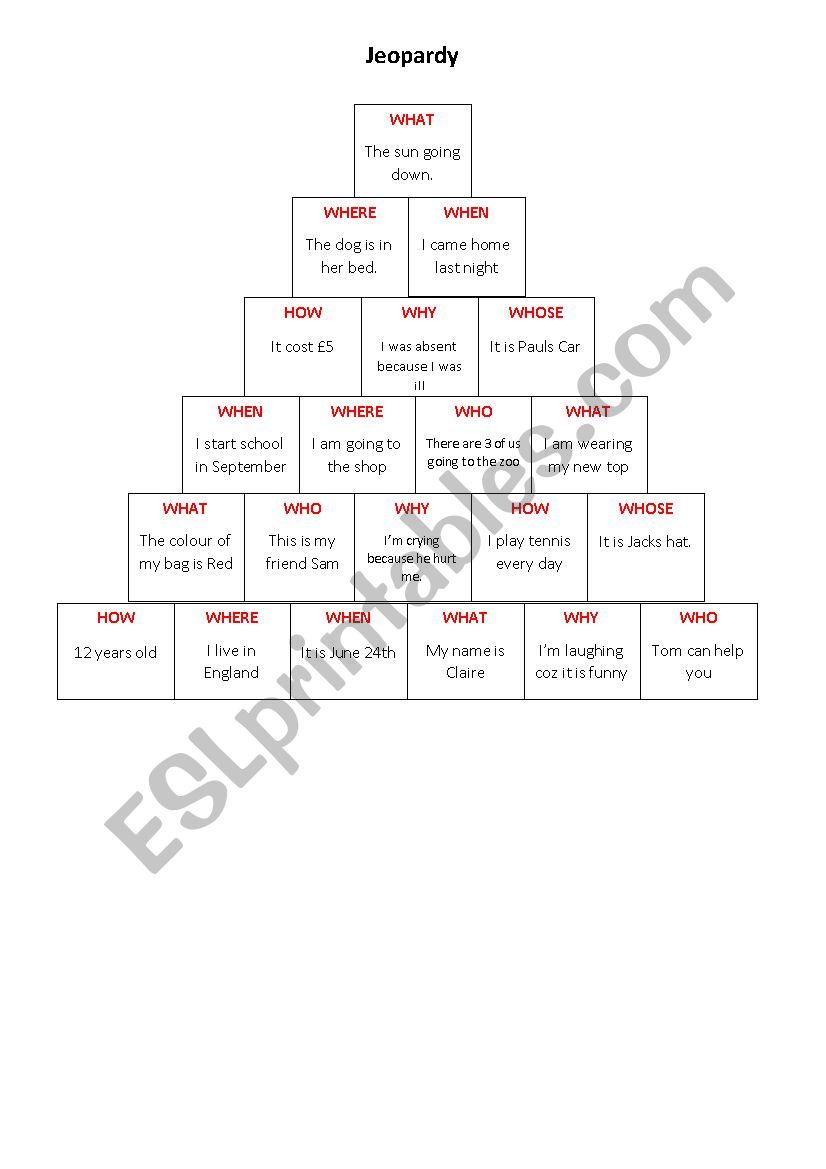 Jeopardy worksheet