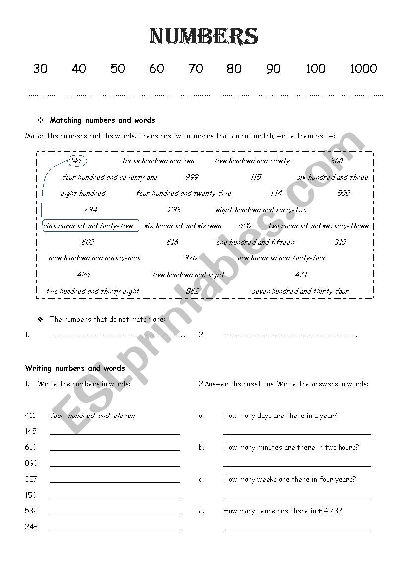 New Numbers in Words 1-1000 worksheet