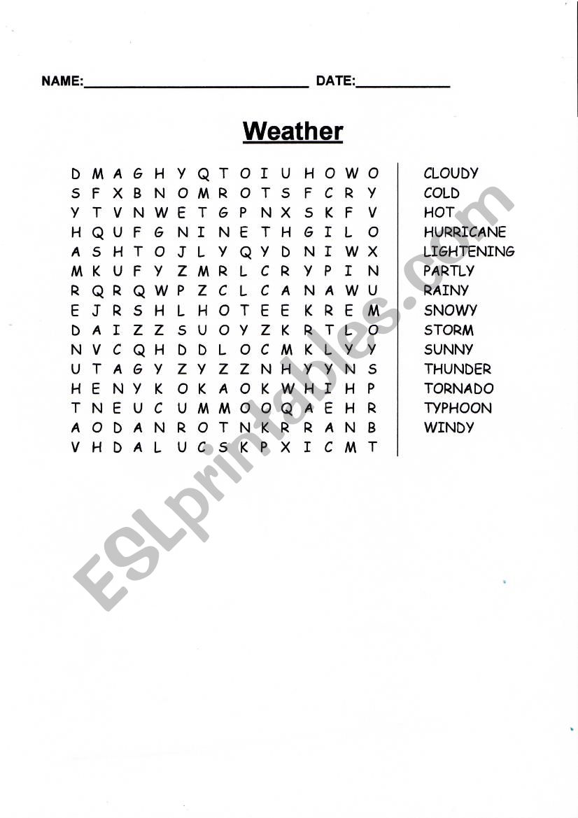 Weather word search worksheet