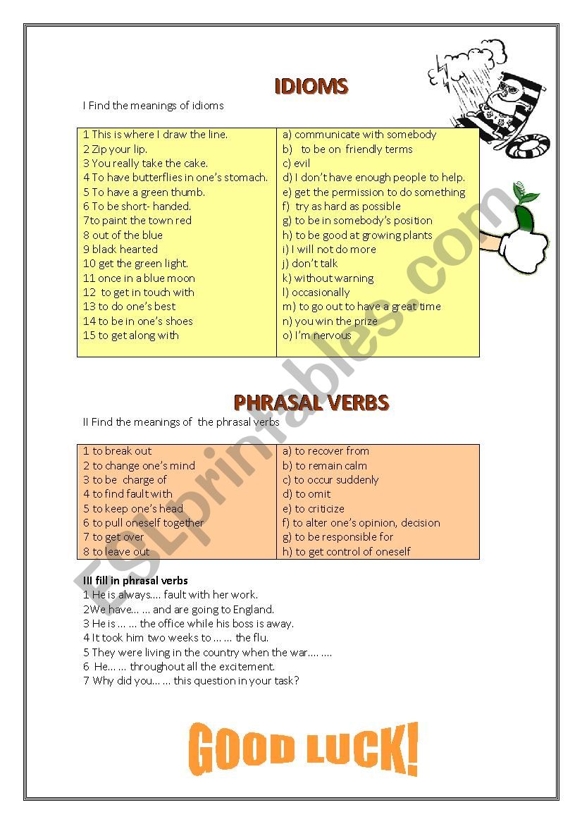 Idioms and phrasal verbs worksheet