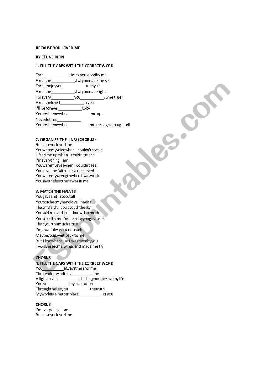 song: BECAUSE YOU LOVED ME worksheet