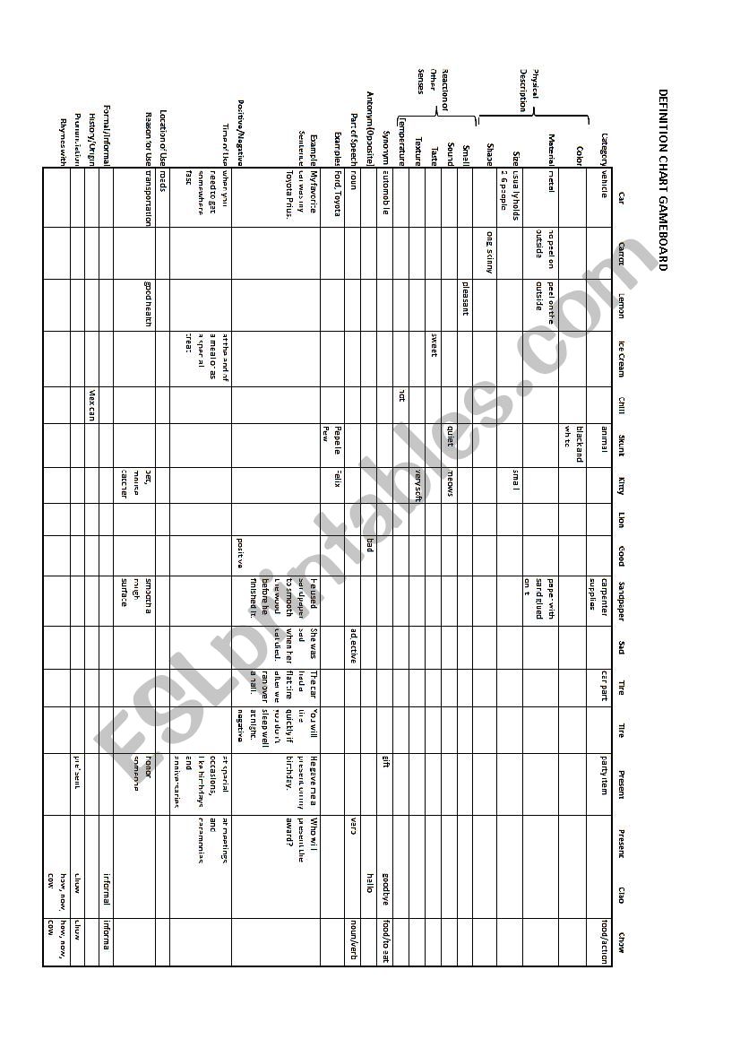 Definition Chart Game worksheet