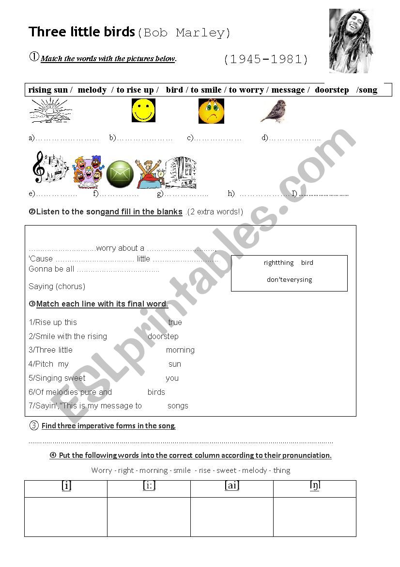 three little birds worksheet