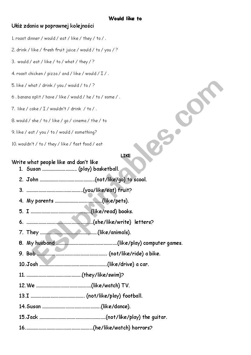 would like to and like worksheet