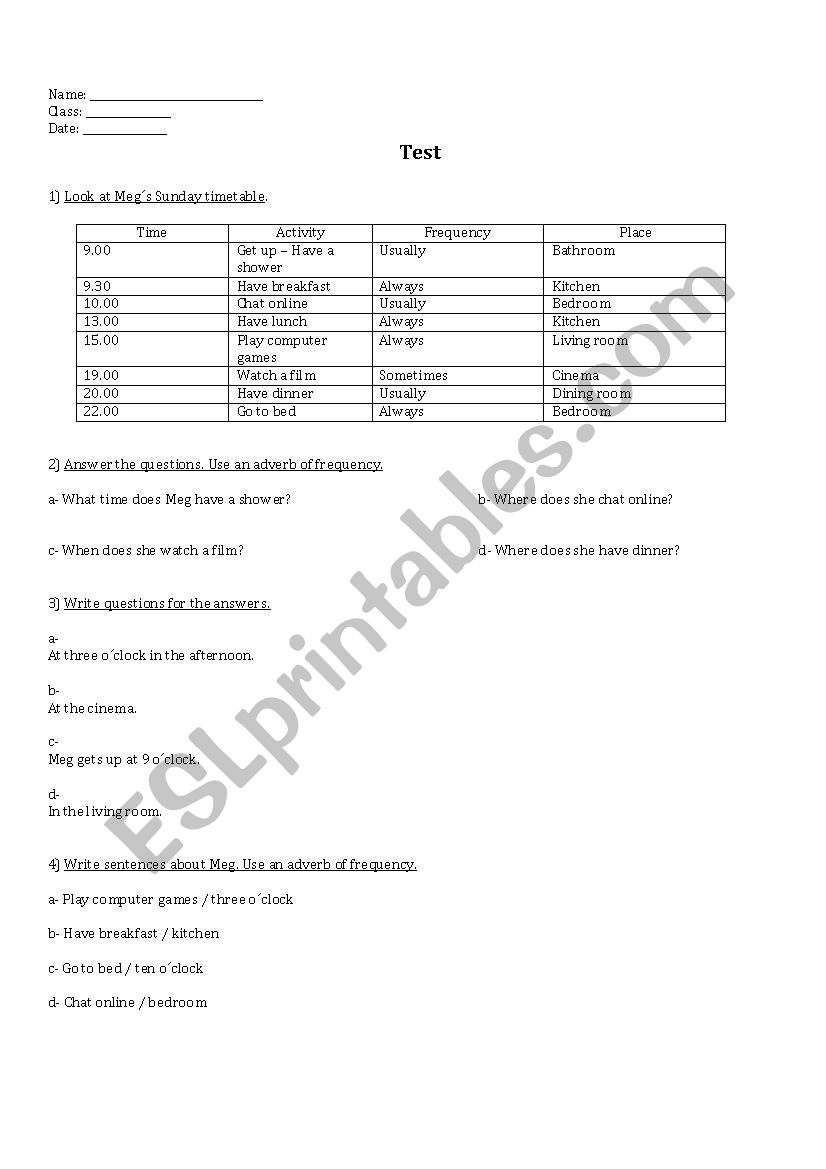 Simple present test worksheet