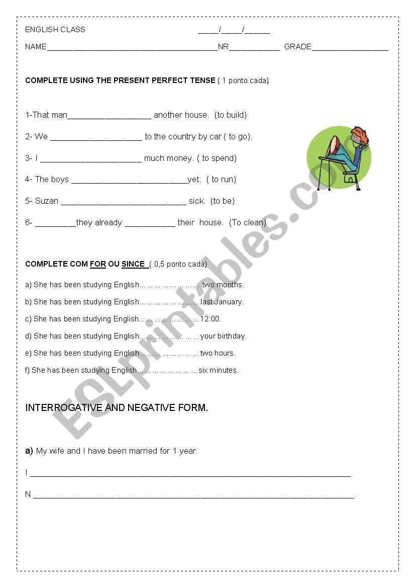 PRESENT PERFECT- FOR/SINCE worksheet