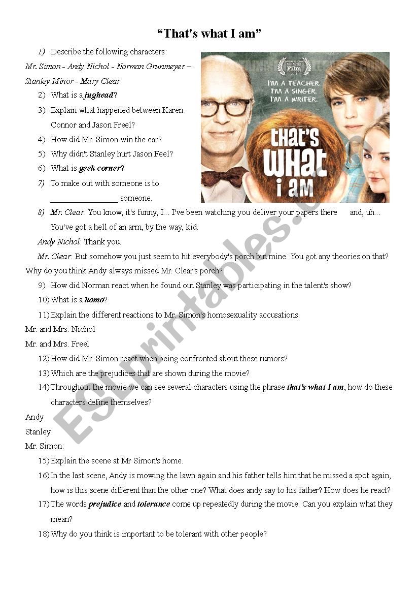 ThatÂ´s What I Am - Movie Worksheet