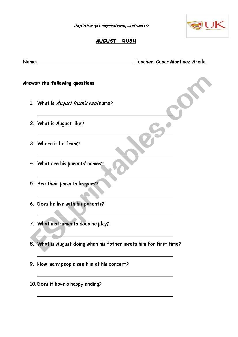 August Rush worksheet