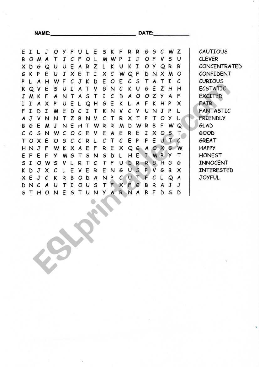 Positive Feelings word search worksheet