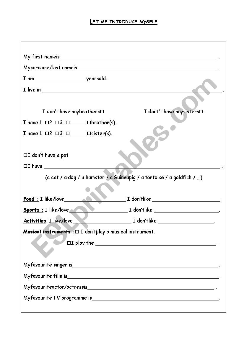 Let me introduce myself worksheet