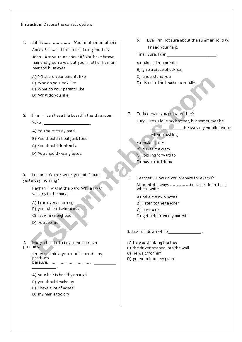 Multiple Choice Test worksheet