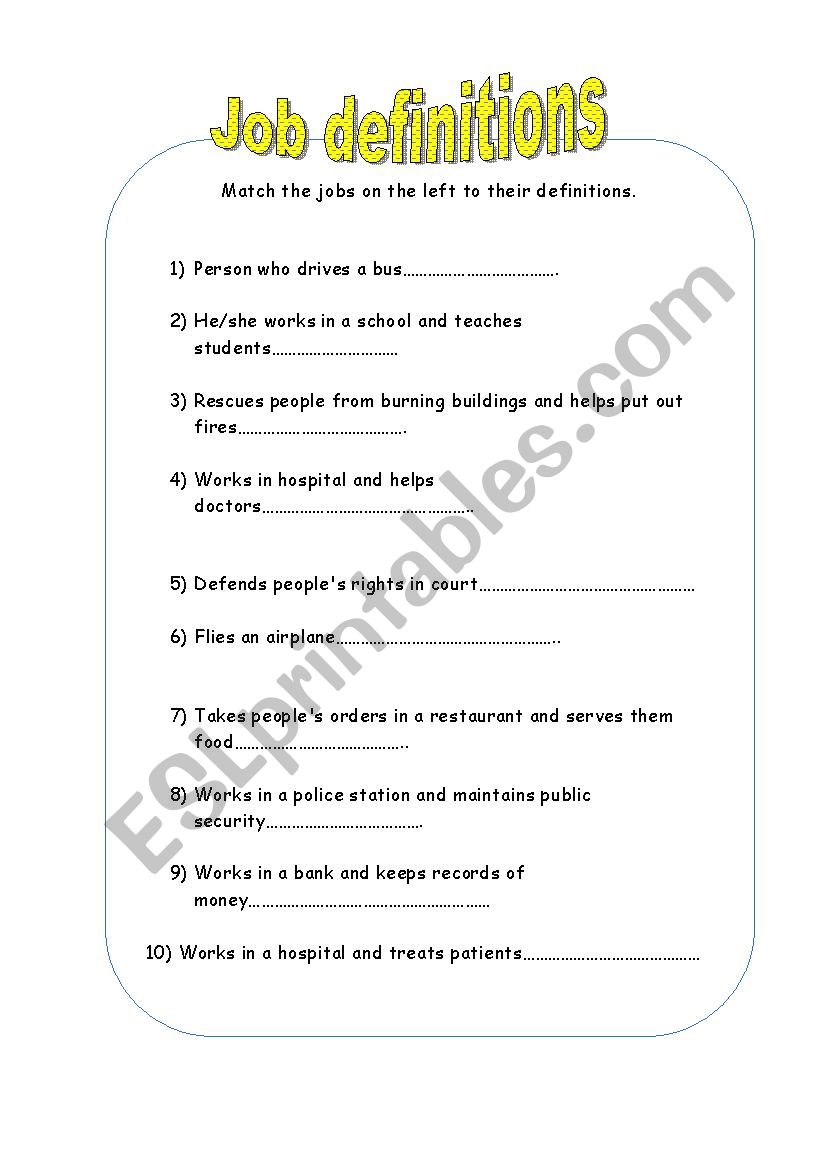 JOB DEFINITIONS worksheet