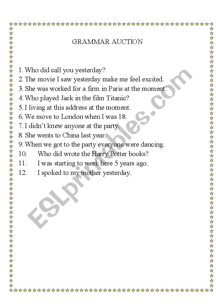 Grammar auction worksheet