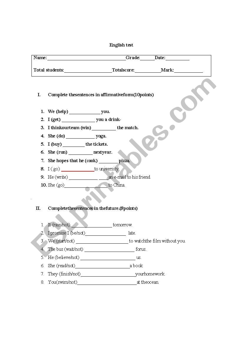 test will worksheet