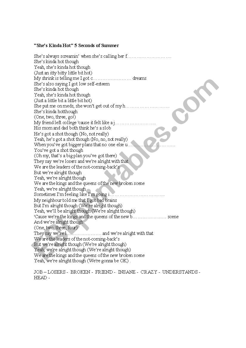 Shs Kind of Hot Song worksheet
