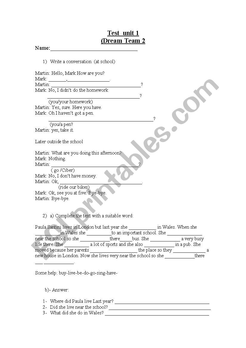 test dream team 2 unit 1 worksheet