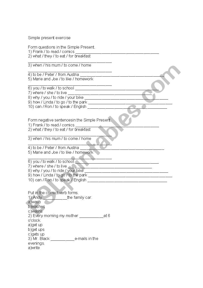 simple present exercise worksheet