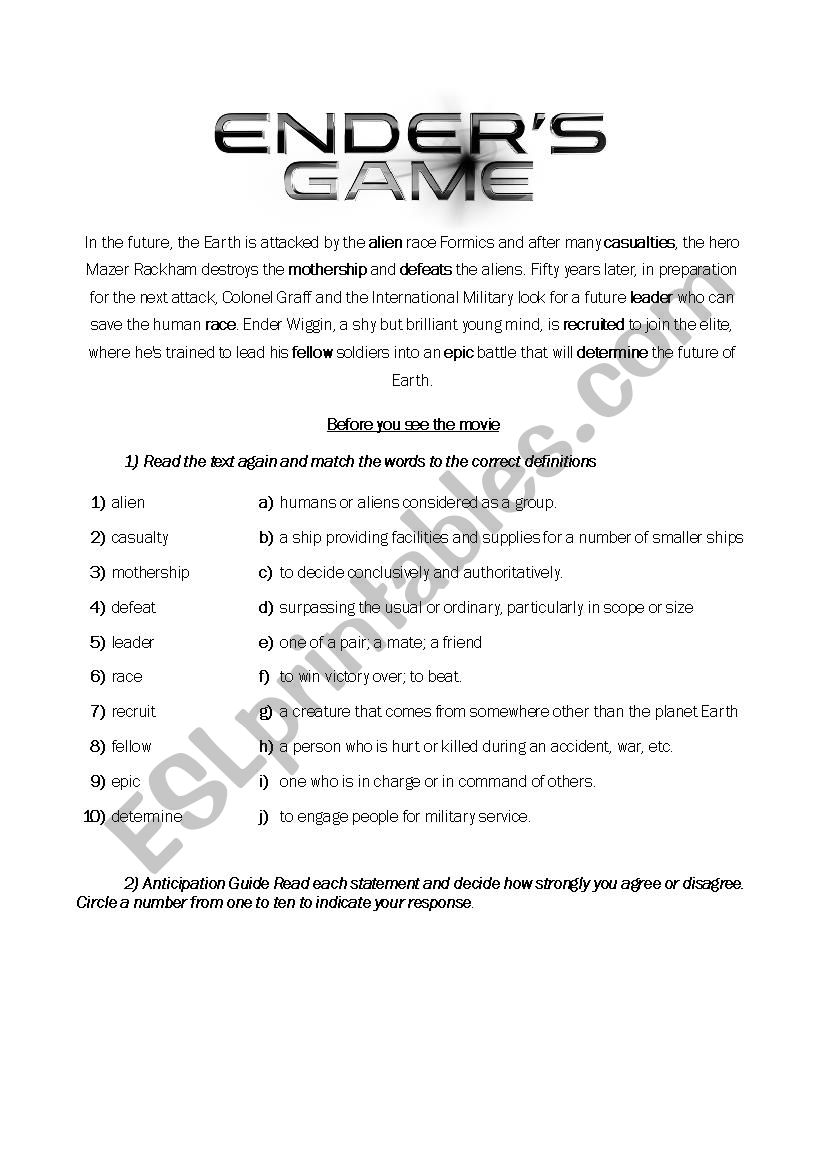 EnderÂ´s Game Movie Worksheet worksheet