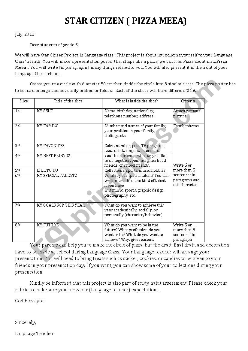 Pizza Meea Task Sheet worksheet