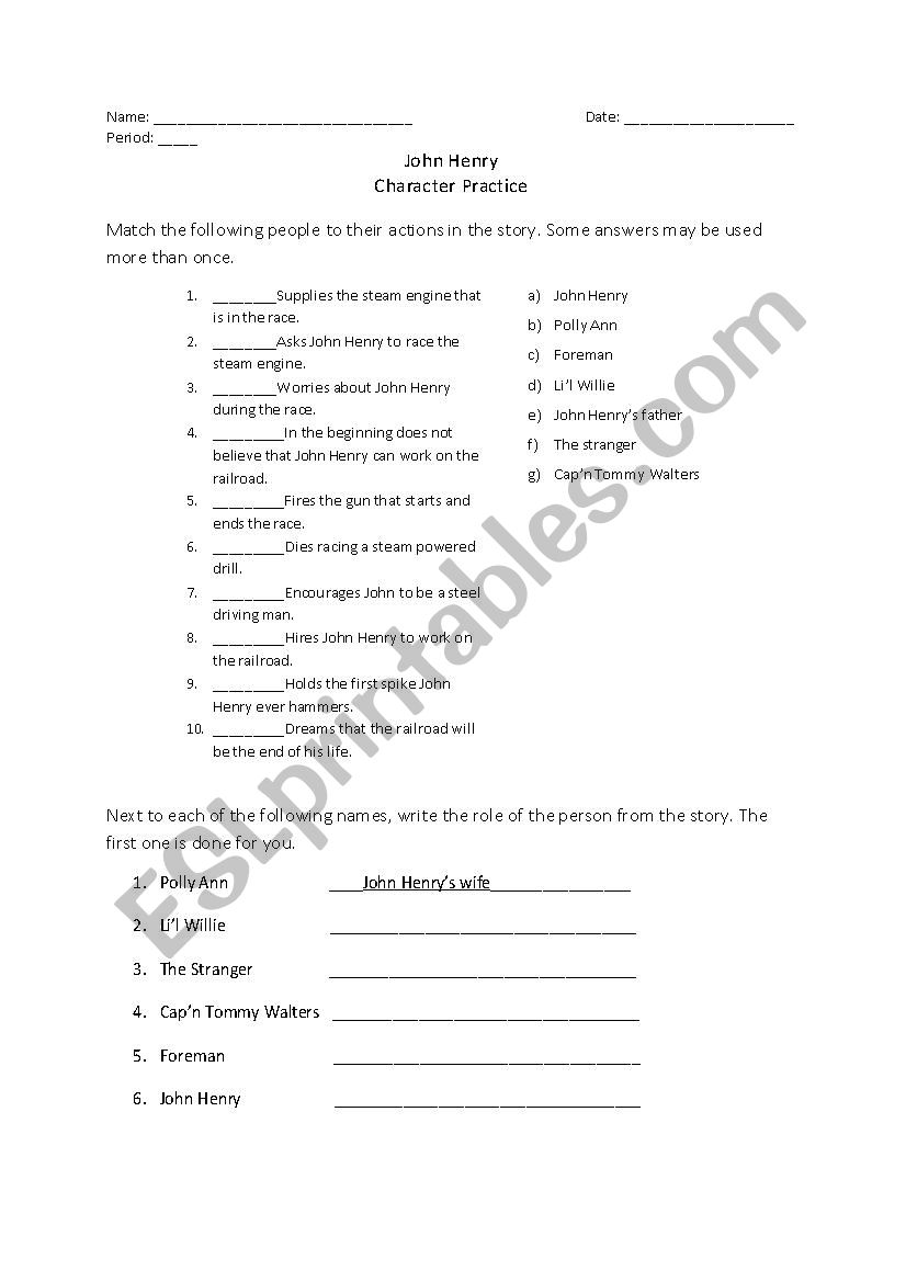 John Henry Character Worksheet/Quiz