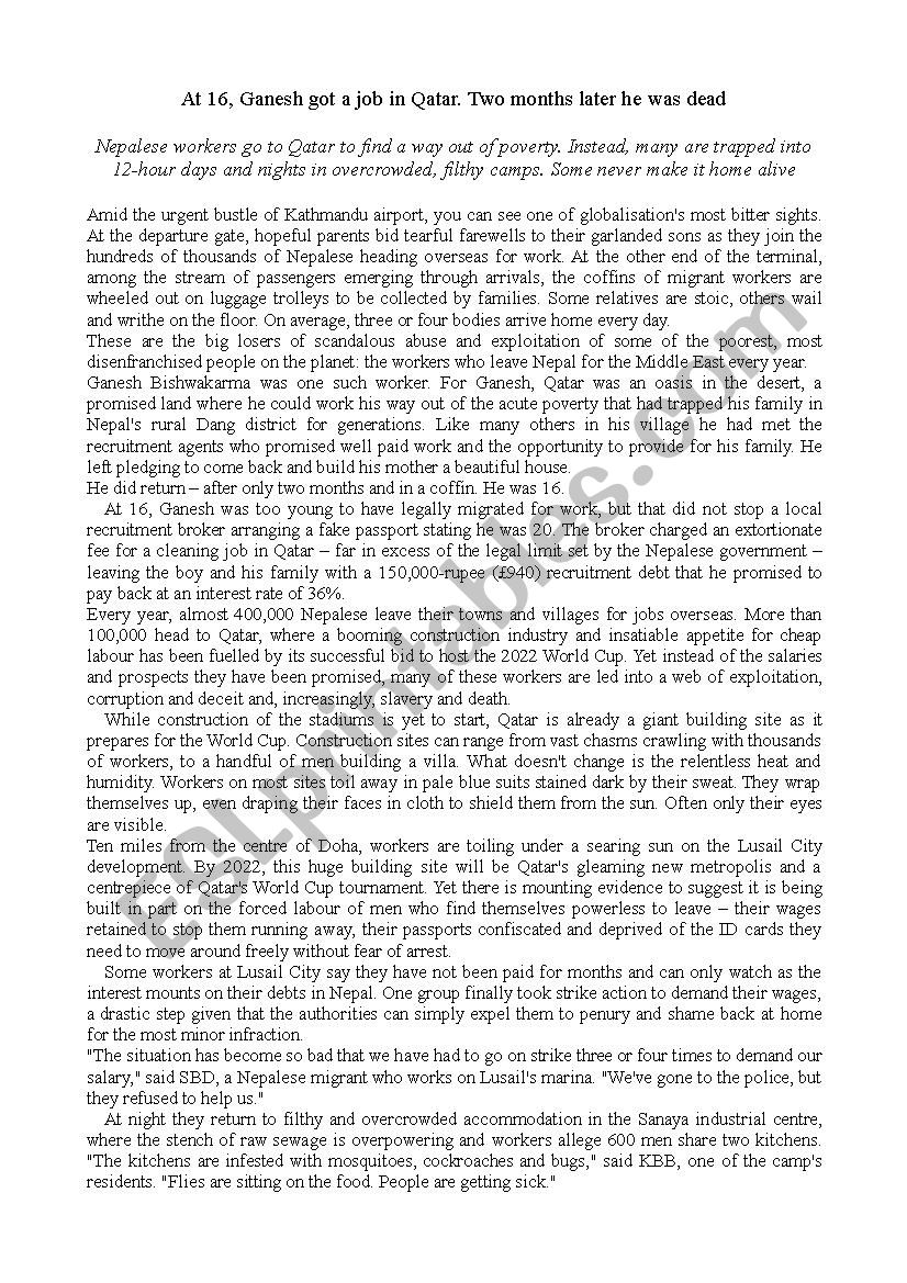 Modern slavery worksheet