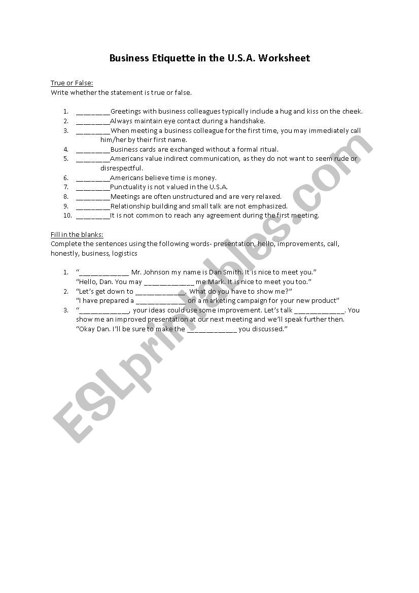 Business Etiquette in the USA worksheet