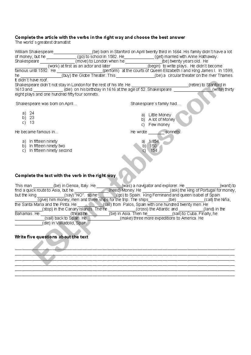 Simple past reading worksheet