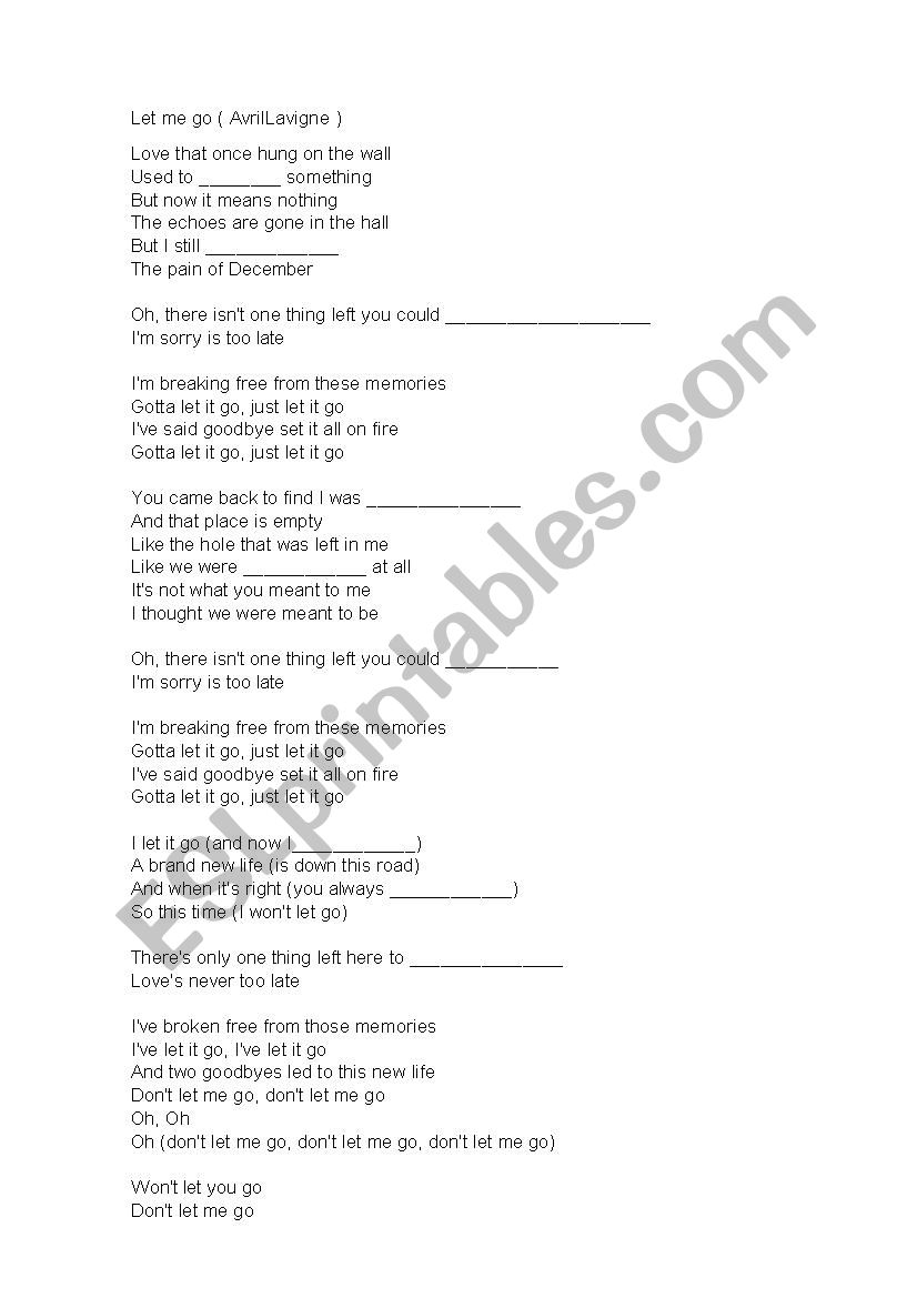Song Let me go Avril Lavigne worksheet