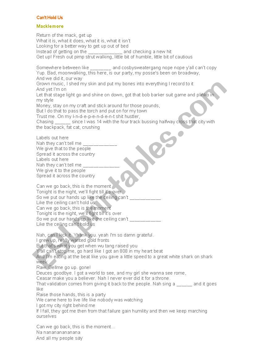 Can T Hold Us Song Esl Worksheet By Michellifb
