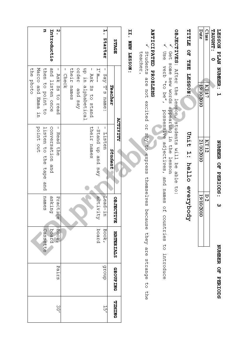 English Lesson Plan worksheet