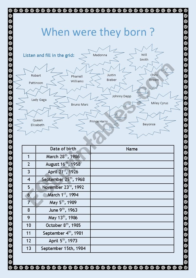 when were they born worksheet and flashcards 2/2