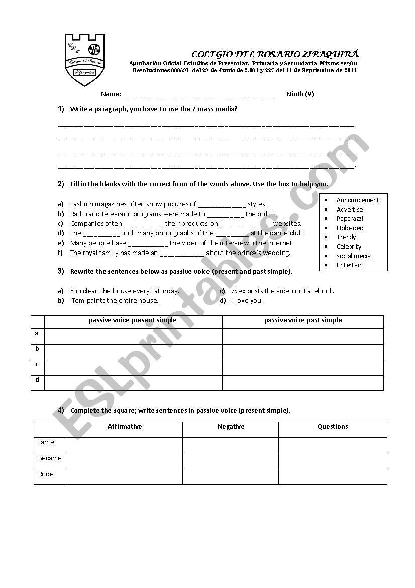 Topic nine  worksheet