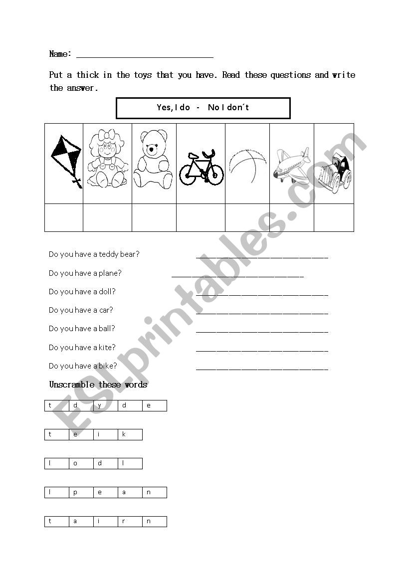 toys  worksheet