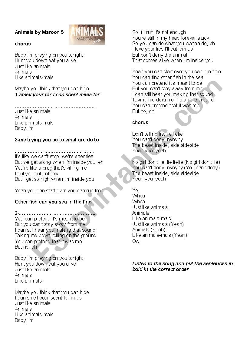 Animals by Maroon 5 worksheet