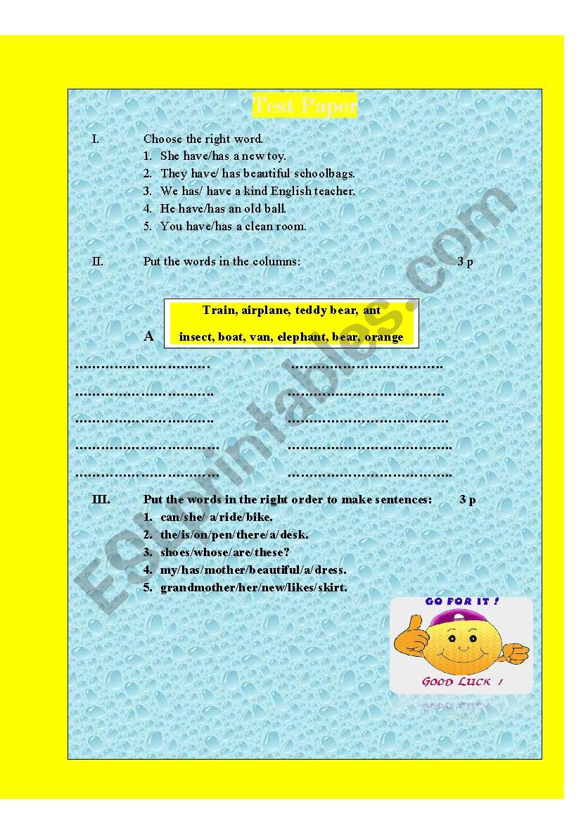 Test paper  worksheet