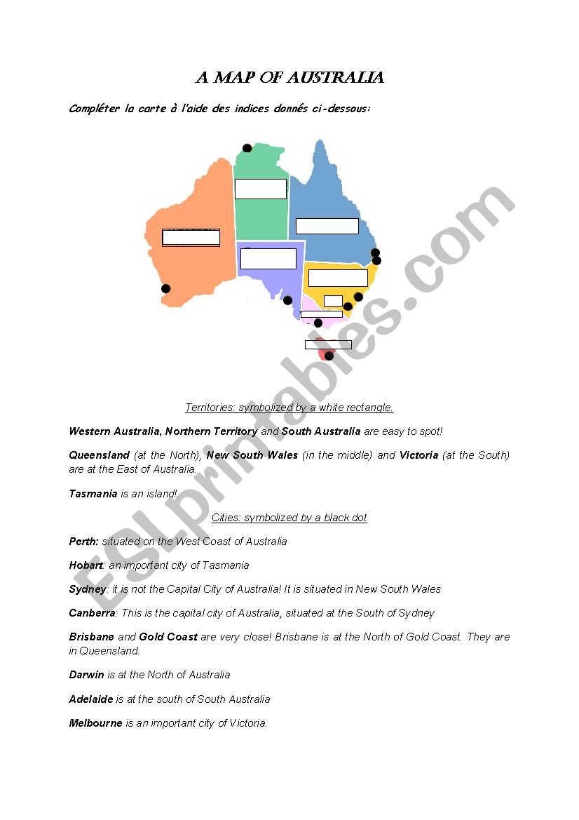 Map of Australia worksheet