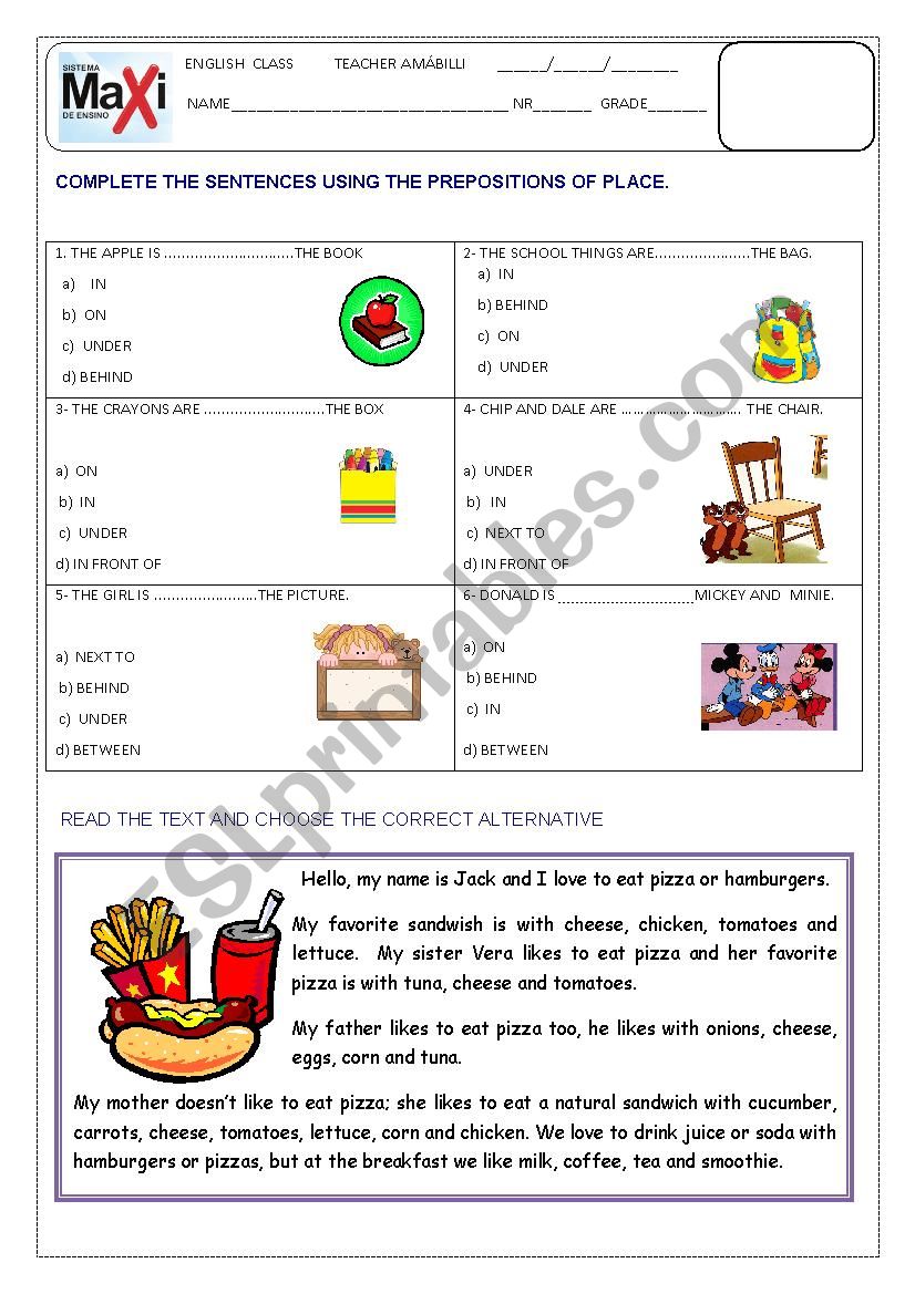 PREPOSITIONS OF PLACE- WAS/WERE- FOODVOCABULARY