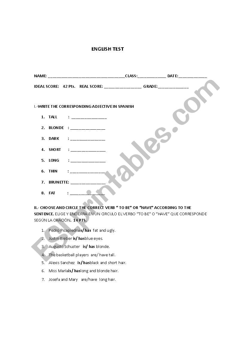 Physical Descriptions Test worksheet