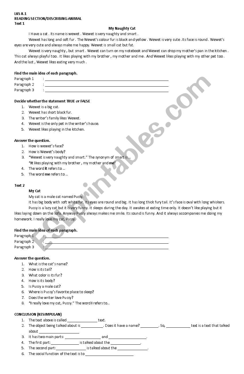 descriptive text worksheet