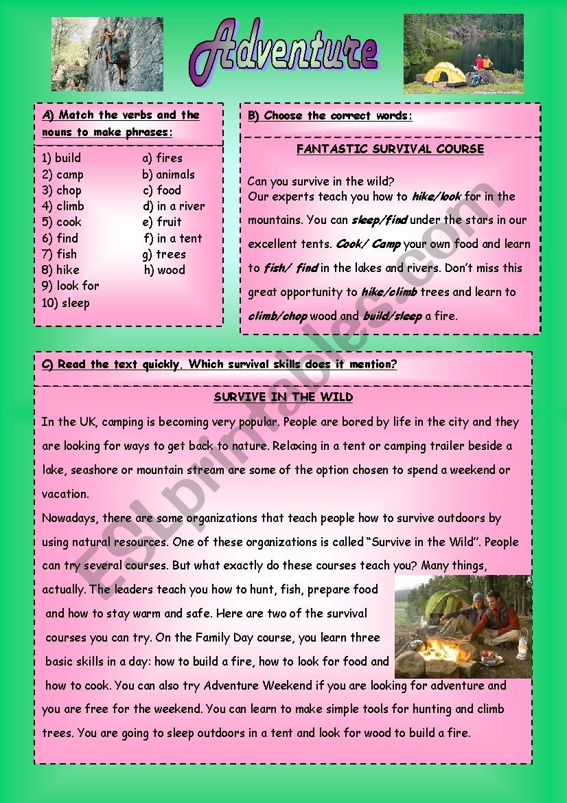 Adventure, survival skills worksheet