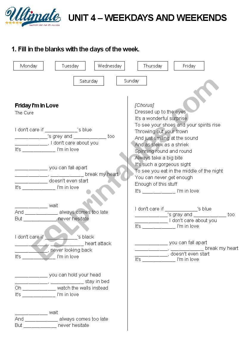 Friday Im In Love  worksheet