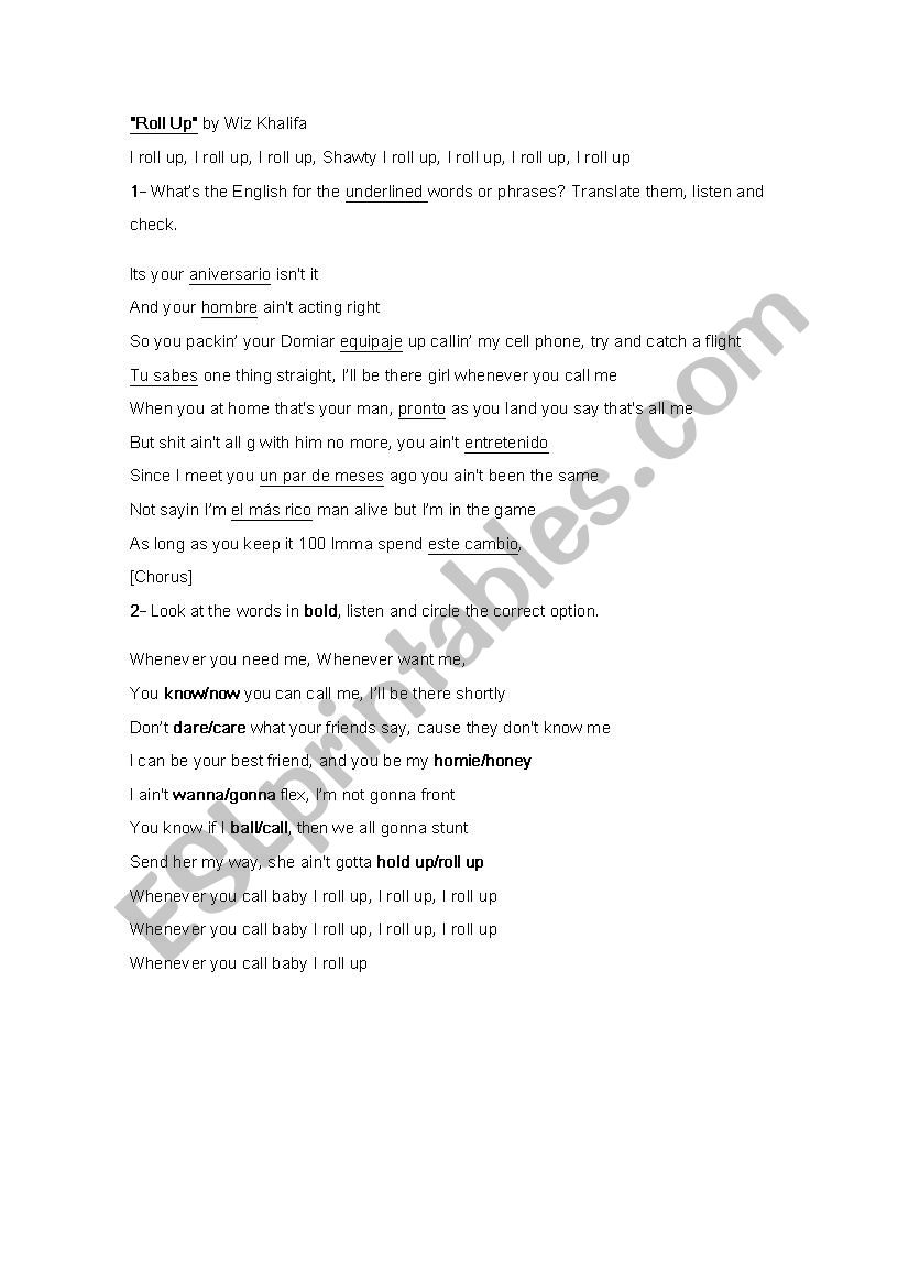 Roll Up by Wiz Khalifa worksheet