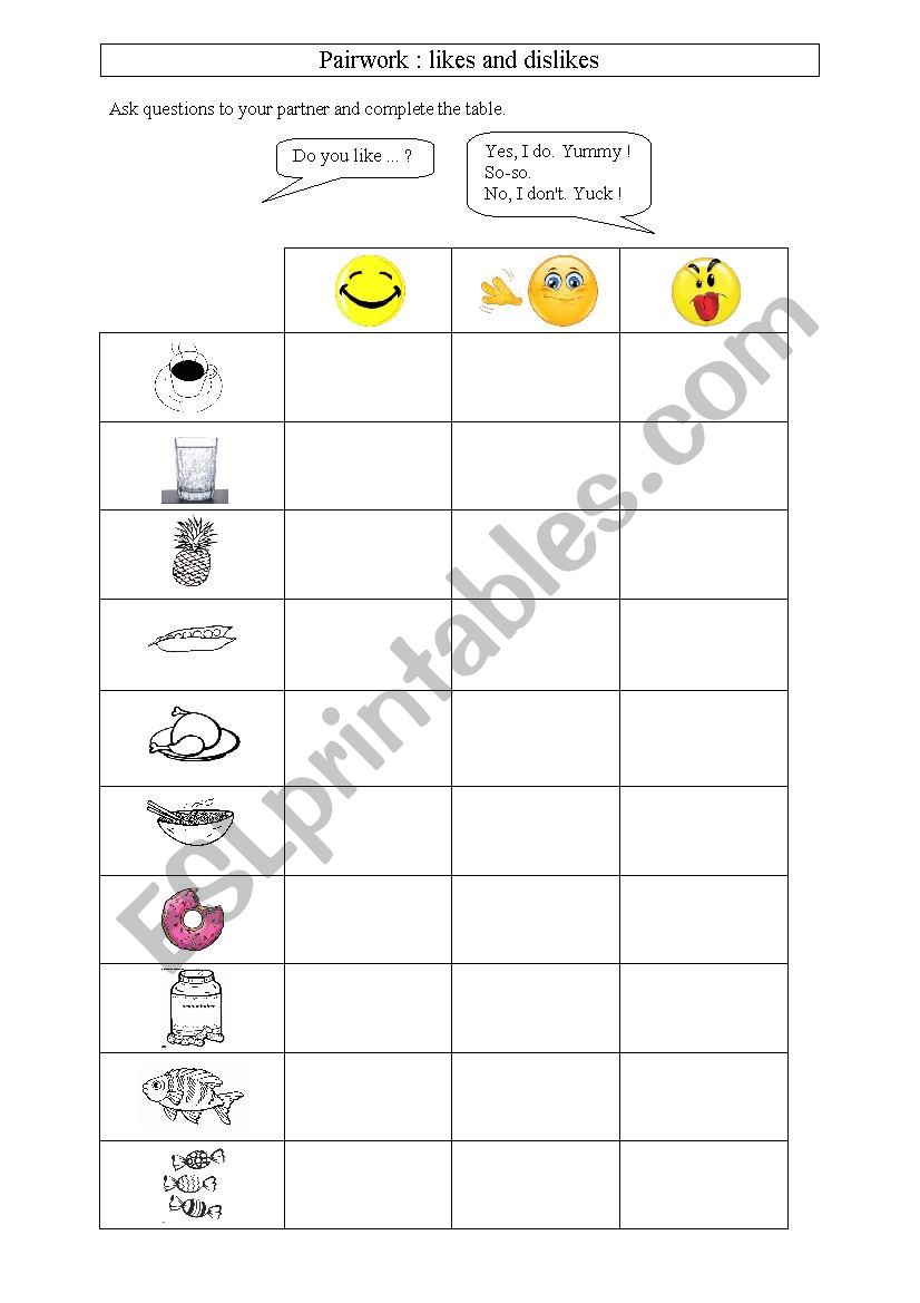 Pairwork - likes and dislikes worksheet