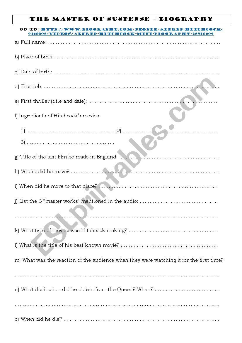 HitchcockÂ´s biography worksheet