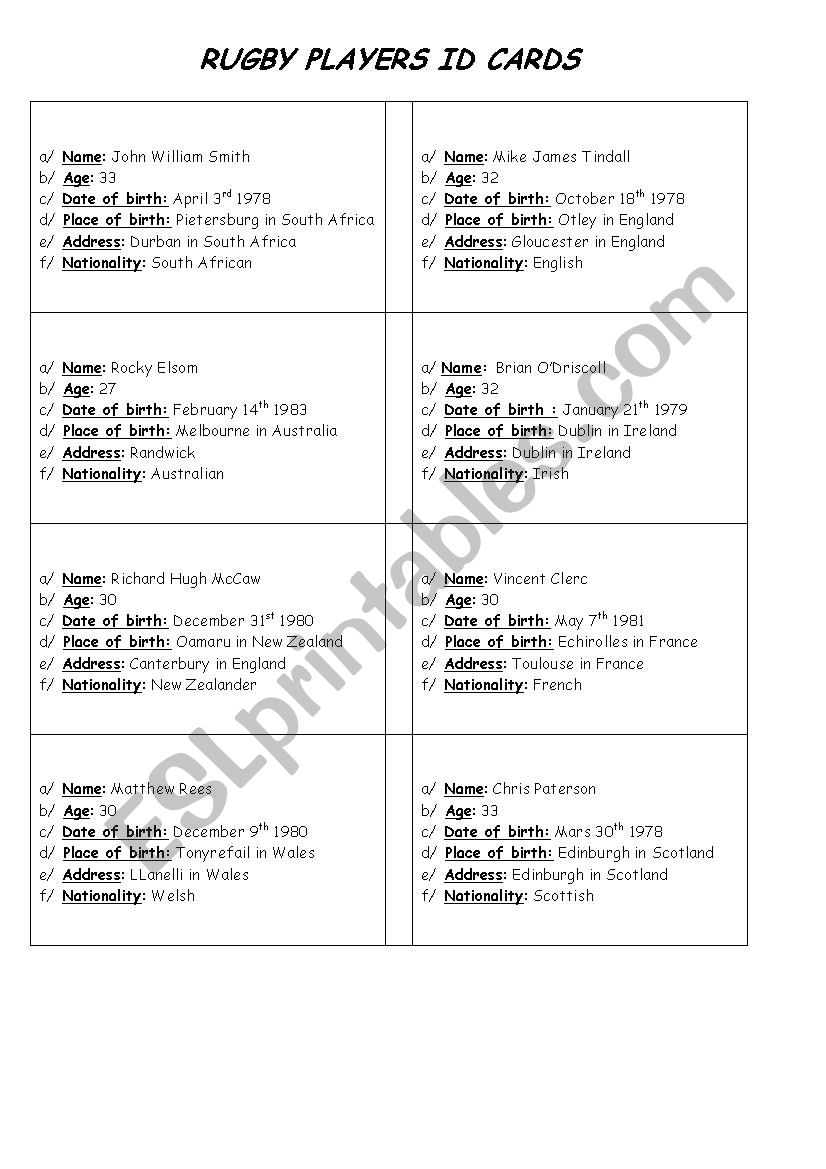 Rugby players ID cards worksheet