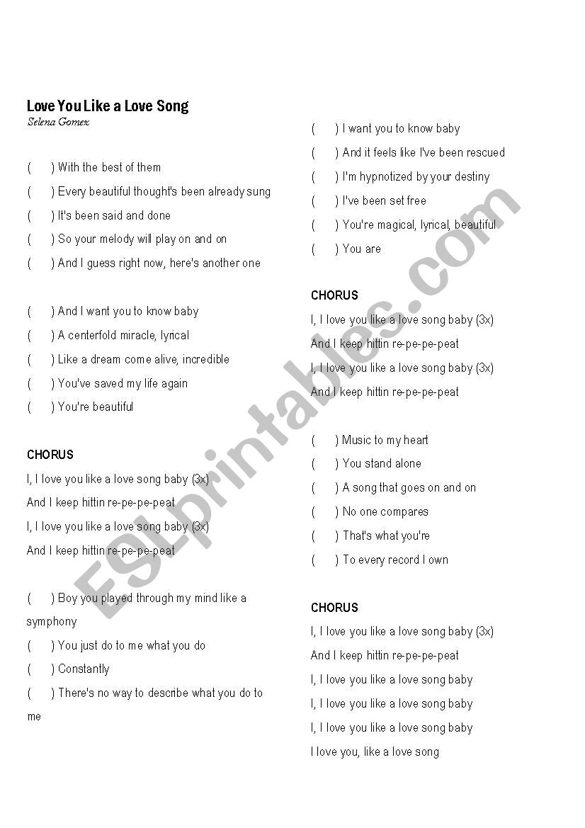 Love you like a love song worksheet