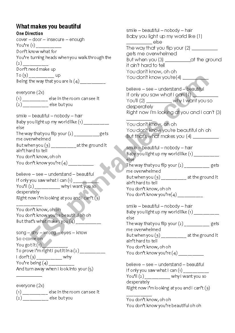 What makes you beautiful worksheet