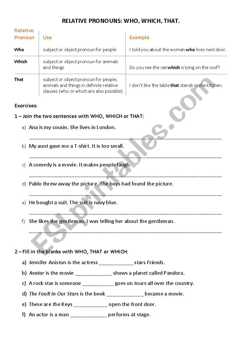 Relative Pronouns: Who, Which, That